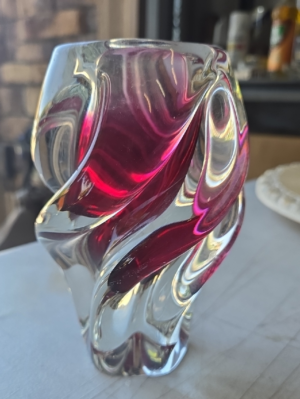 Art Glass Vase with Pink Swirl Accent